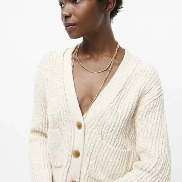 J. Crew Natural Ivory Chunky Knit Cropped Patch-Pocket Beach Cardigan Sweater - Picture 2 of 16